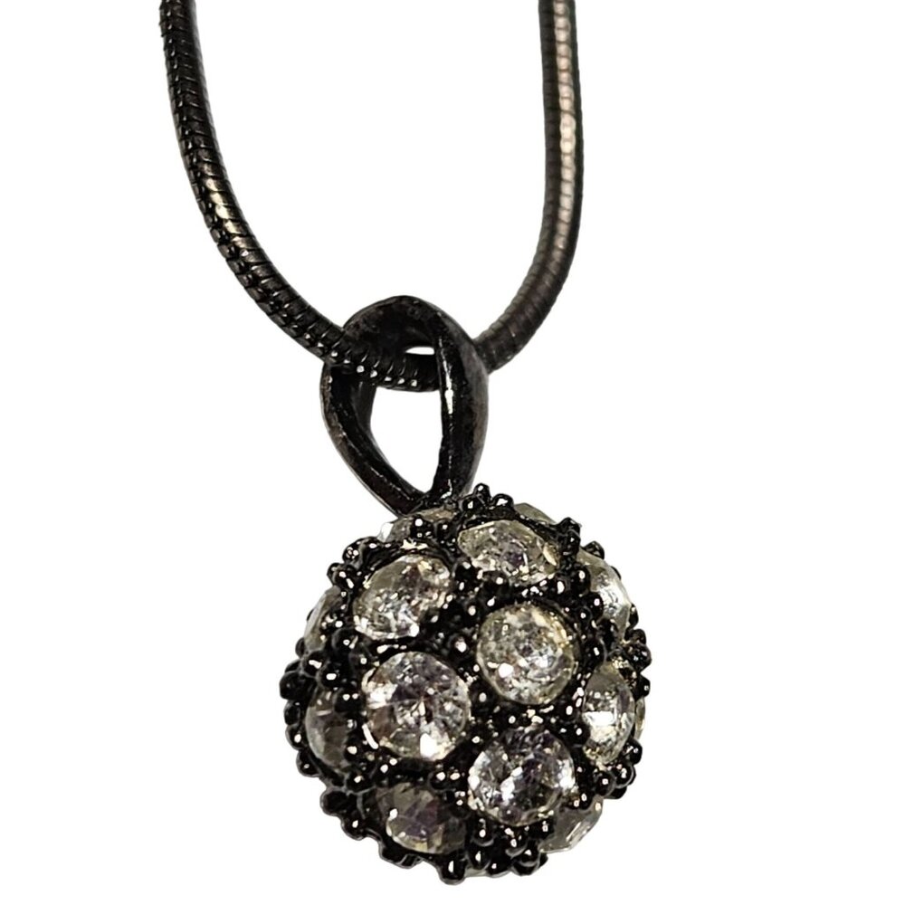 Elegant Black Ball Rhinestone Pendant Necklace Silver Tone Statement Jewelry